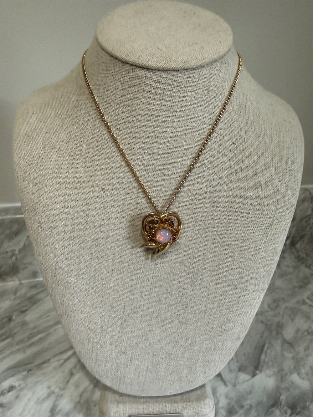 Vintage Gold Tone Heart Pendant Necklace Faux Pink Opal Purple Rhinestones 16”